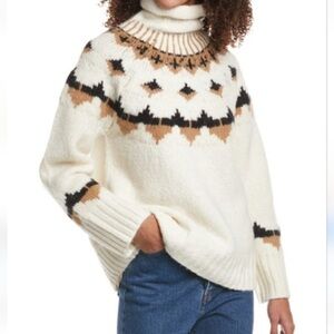 A.L.C. Shapiro Alpaca Fair isle Cream and Brown Patterned Turtleneck Sweater XL
